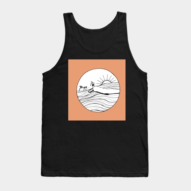 Female Surfer Riding the Wave with a coral background Tank Top by Sandraartist